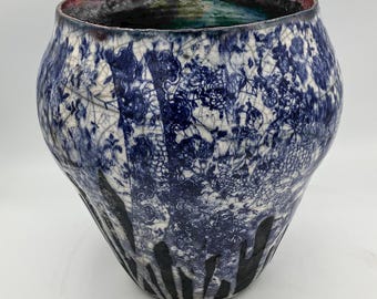 Foshan III, large Raku blue and white vase