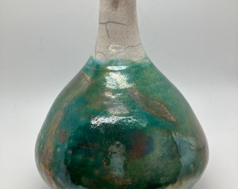Raku Bottle Vase Aqua Blue with Crackle Finish