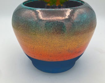 Eventide raku vase, orange, yellow, aqua gradient with copper flash interior
