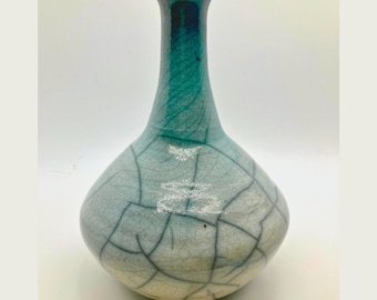 Raku Vase teal gradient with Crackle Finish