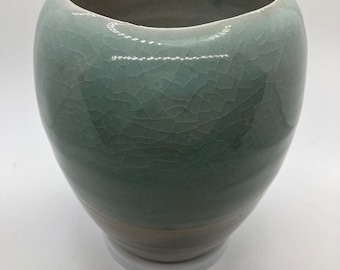 Wide Stoneware Vase: Wheel Thrown Shino & Blue Celadon Glazes