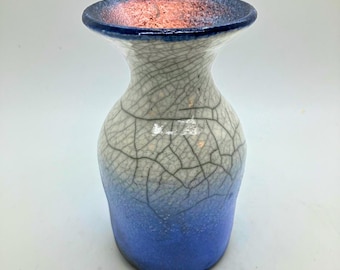 Raku Vase electric blue gradient with Crackle Finish, small