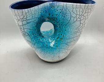 Raku aqua gradient crackle keyhole vase