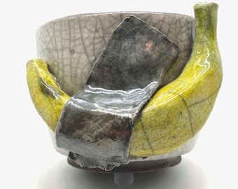 Raku Ceramic Vase: Banana Duct Tape Art, Glow in the Dark Pigment