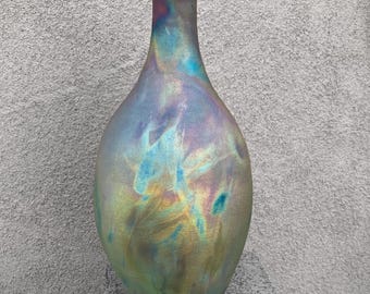 Dramatic tall Raku bottle vase, matte rainbow
