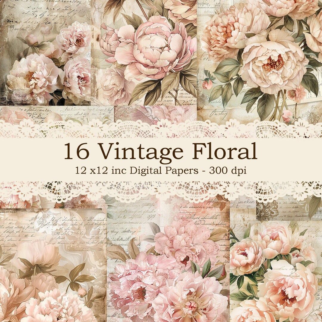 Vintage Floral Digital Paper, Set of 16, Printable Stationery, Fancy ...