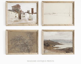 French Country Wall Art Set of 4, Antique Landscape Print Collection, Vintage Botanical Sketches, Neutral Gallery Wall Decor