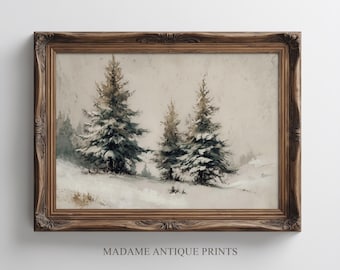 Lámina artística vintage de pinos invernales, pintura de pinos nevados, paisaje rústico nórdico, arte mural de bosque invernal melancólico, decoración acogedora de estilo cottagecore