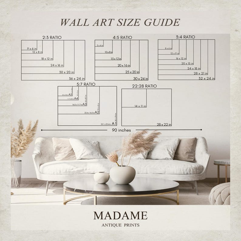 May include: A wall art size guide chart displaying various aspect ratios including 2:3, 4:5, 3:4, 5:7, and 22:28 with specific dimensions in inches listed for each. The text MADAME ANTIQUE PRINTS appears at the bottom of the informational graphic.