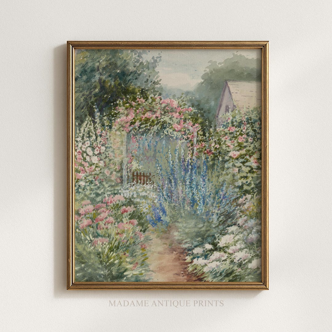 Vintage Cottage Garden Print, Romantic English Garden, Floral Path Wall ...