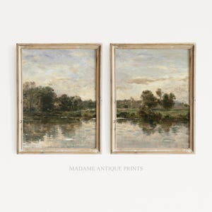 Vintage River Landscape Print Set of 2, Antique Nature Paintings, French Country Wall Art, Cottagecore Decor, Neutral Gallery Wall Set