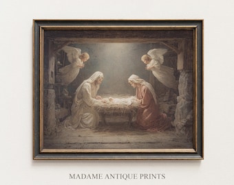 Vintage Nativity Scene Print, Holy Family Art, Classic Christmas Religious Wall Art, Angelic Manger Painting, Sacred Holiday Decor