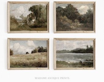 May include: A set of four rectangular landscape paintings in light wood frames. The artworks depict muted scenes of trees, fields, a body of water, and a building under cloudy skies. The text MADAME ANTIQUE PRINTS is centred below the images.