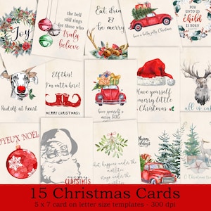 Set of 15 Printable Christmas Cards, Printable Christmas Card Bundle, 5x7 Card on 8.5 x 11inch Letter Size templates, Digital Download