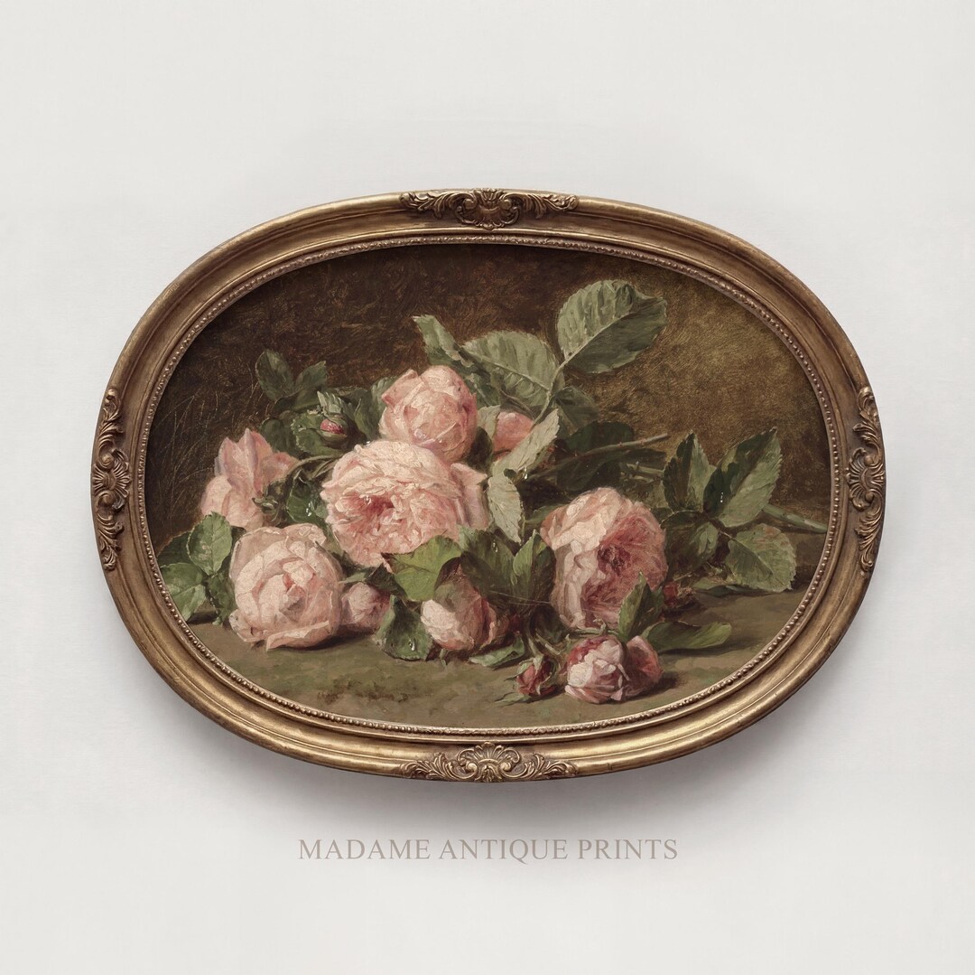 Vintage Rose Oil Painting Print, Romantic Floral Still Life Wall Art ...