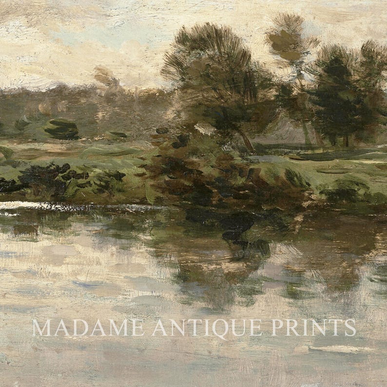 May include: An oil painting print featuring a landscape with a calm river reflecting the surrounding trees and foliage. The scene uses a palette of muted greens, browns, and soft beige tones. The text MADAME ANTIQUE PRINTS is visible.