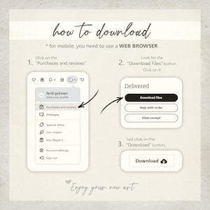 May include: An instructional graphic titled how to download with three steps. Step one shows a menu with Purchases and reviews. Step two shows a Delivered box with a Download files button. Step three shows a button labelled Download with an icon.