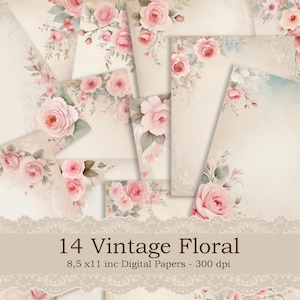 14 Vintage Roses Paper set, Printable Stationery, Floral Page, Junk Journal Pages, Printable Digital Paper, Botanical Papers, US Letter Size