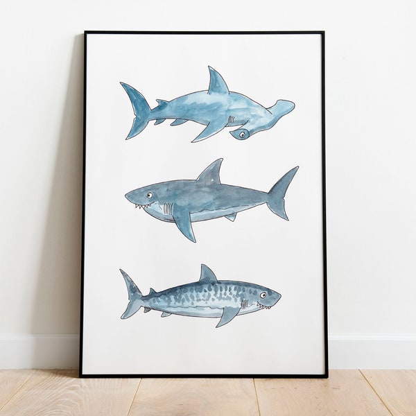 Three Big Sharks, Friendly Ocean Animals, Monochromatic Cartoon Wall Art, Home Decor, Children's Playroom, Bedroom Print, Bathroom Print