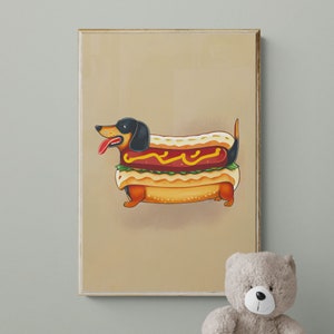 funny Hot dog Wall Painting Poster, Watercolor Art Decor Print, funny Pet Portrait Drawing, Giant Funny Room Baby Gig Hot Dog
