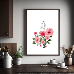 Minimalist Pink Flower Wall Art, Woman Line Art, Printable Wall Art, Living Room Art, Bedroom Art, Art Print, Art Print Download