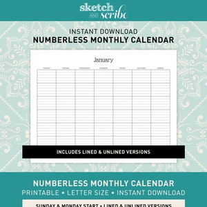 Printable Numberless 12 Month Calendar Pages PDF, Minimalist, Letter Size, Landscape, Lines, Sunday Monday Format, Instant Download