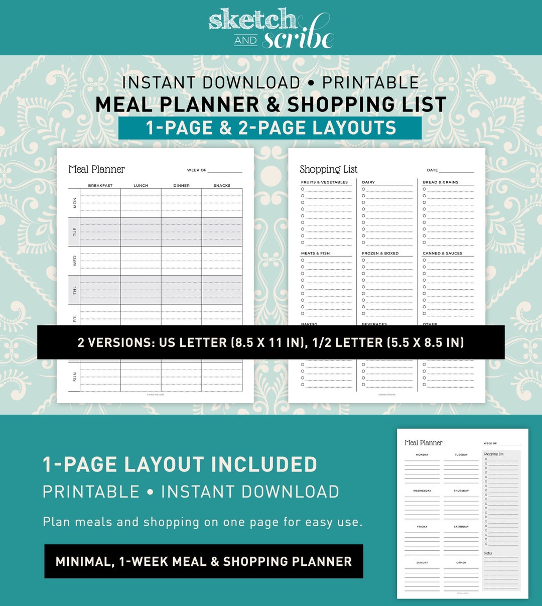 Printable Weekly Meal Planner Grocery Shopping List PDF, Minimalist, US