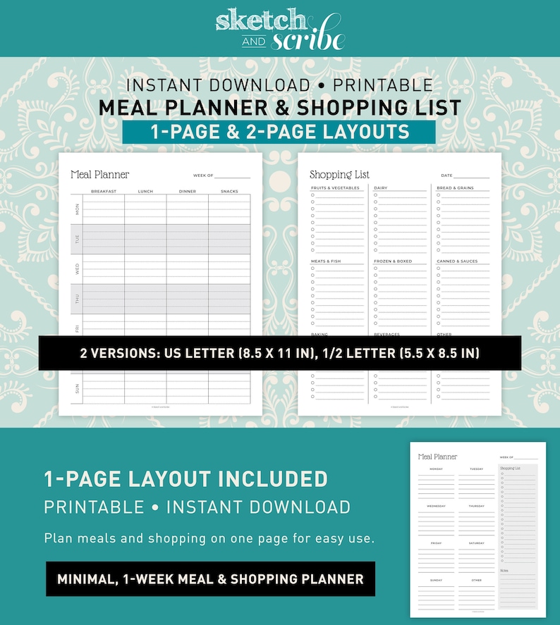 Printable Weekly Meal Planner Grocery Shopping List PDF, Minimalist, US