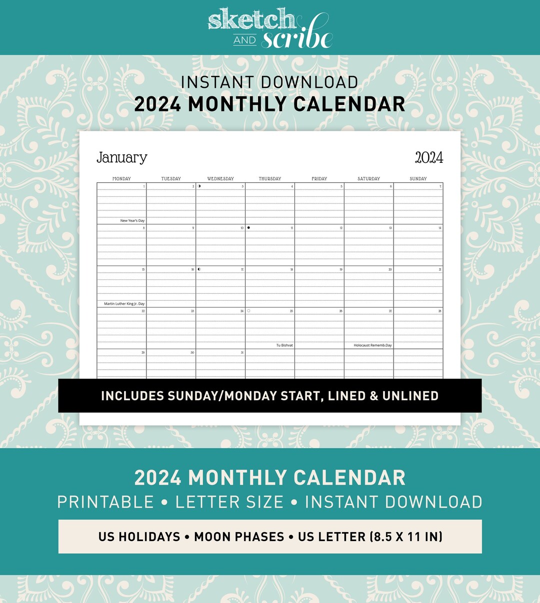 2024-printable-12-month-calendar-pages-pdf-us-holidays-moon-phases-letter-landscape-lined-unlined-sunday-monday-start-instant-download-etsy