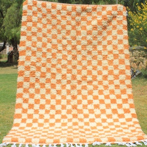 Custom made Orange & white handmade moroccan rug in checkered design