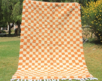 Custom made Orange & white handmade moroccan rug in checkered design