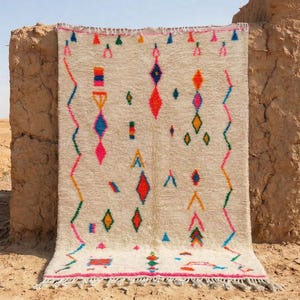Handmade Moroccan Azilal Wool Rug, Cream Boho Shag, Neon Geometric