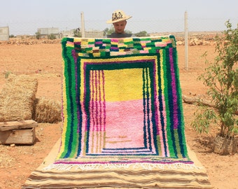 Yellow Moroccan Custom rug - Moroccan Woolen carpet - New Azilal rug - Boujaad style - New Boujaad rug - Blue Berber rug