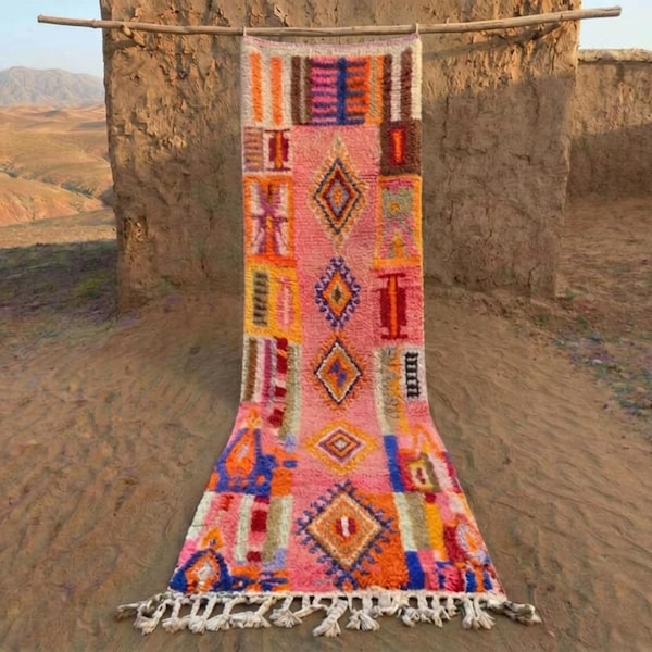 Moroccan Runner Rug: Pink Colorful Carpet Handmade Wool Area Rug