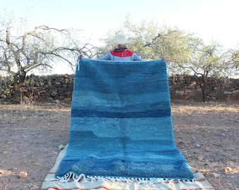 Handmade Blue Wool Moroccan Rug: Berber Beni Ourain Rug
