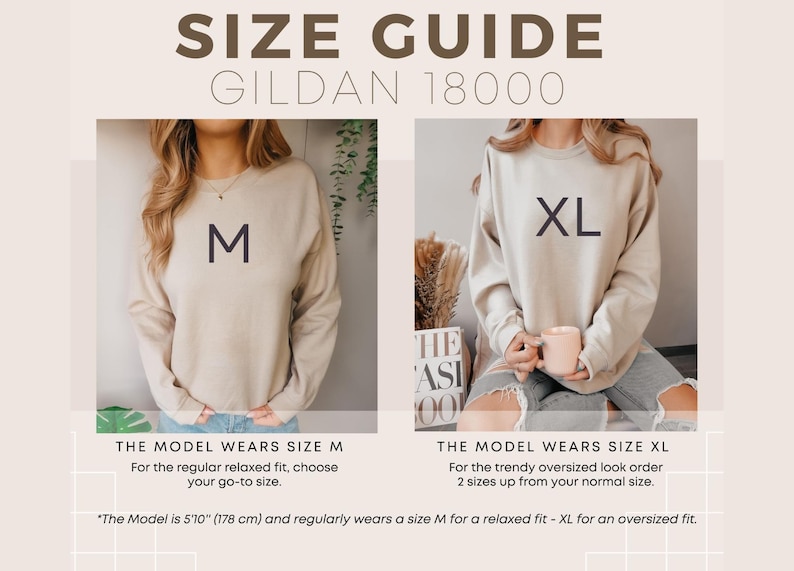 Puede incluir: Gu&iacute;a de tallas para sudaderas Gildan 18000. La imagen muestra dos modelos con diferentes tallas. Un modelo lleva la talla M, el otro XL. El texto indica que la modelo mide 178 cm y normalmente usa la M para un ajuste relajado, XL para oversize.
