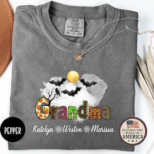 Comfort Colors Personalized Grandma Halloween Shirt, Custom Name Grandma Shirt for Halloween, Fall Grandma Shirt with Grandkids Names,Autumn