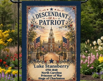 Custom Descendant of a Patriot Garden Flag for DAR SAR, Revolutionary War Ancestor Genealogy Gift, Patriotic Outdoor Decor,Family Name Decor