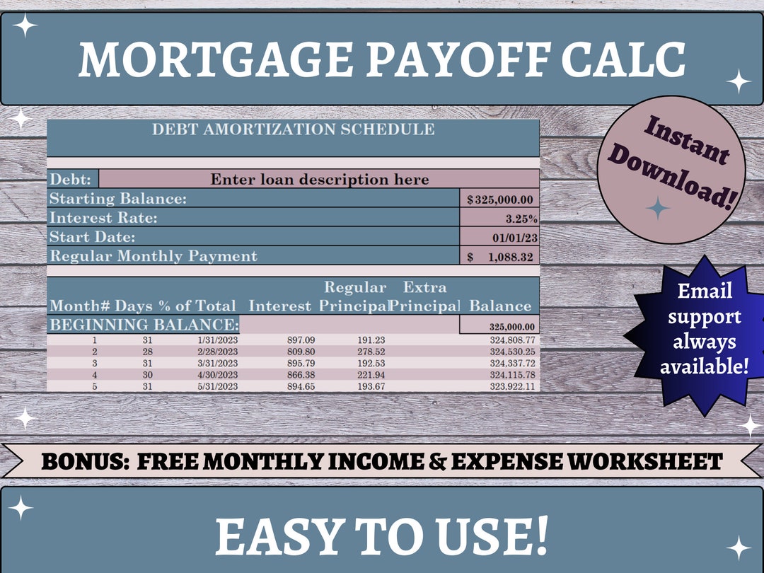 Mortgage Amortization Schedule Payoff Calculator Debt Etsy