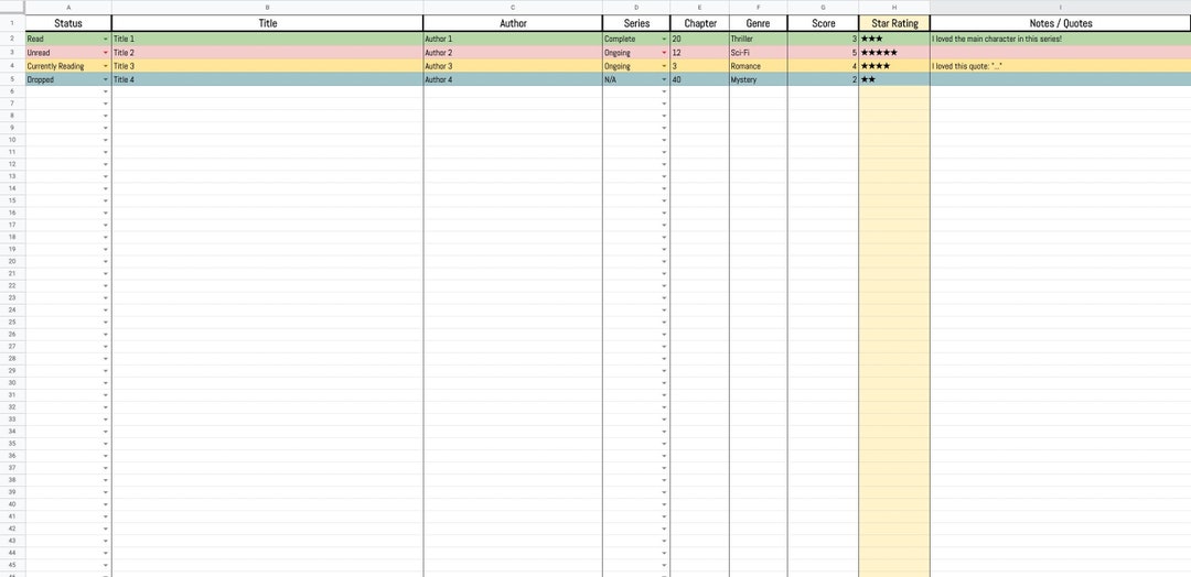 Reading and Book Log for Google Sheets Book Tracker Book Journal