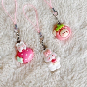 Kawaii Coquette Strawberry Cottage Core Bear/Bunny/Rabbit Phone Charms, Cute Bunny Keyring/Keychains, Matching Pink Friendship Charms