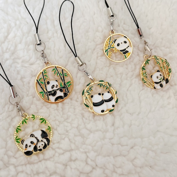 Panda Phone Charm, Cute Panda Bear Keychain, Artistic Keyring, Bamboo Charm, Nature Leaves Charm, Kawaii Accessories, Gift Ideas for Her