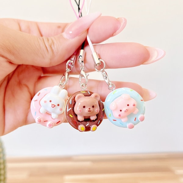 Chibi Donut Phone Charms, Chocolate Teddy Bear Charms, Bunny Rabbit charm, Piggy Pig Charm, Kawaii keyring/keychains, Phone/Switch/DS