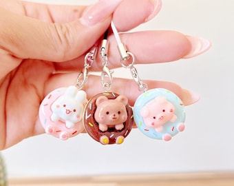 Chibi Donut Phone Charms, Chocolate Teddy Bear Charms, Bunny Rabbit charm, Piggy Pig Charm, Kawaii keyring/keychains, Phone/Switch/DS