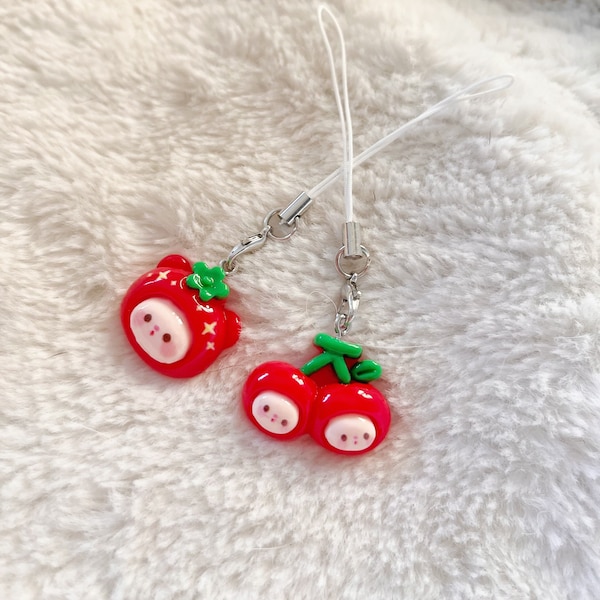 Cherry Teddy Bear Head Phone Charms, Kawaii Chibi Cherry Charms, Fruit Bear Keychain/Keyring Accessory, Cute Matching Friendship Charms