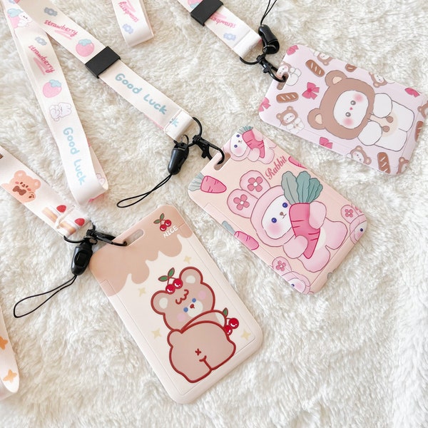 Cute Animal Card Holders, Kawaii ID Landyard Badge Holder/Tag, Japanese Cartoon Anime Wallet, Chibi ID Badge Holder, Teddy Bear and Rabbits