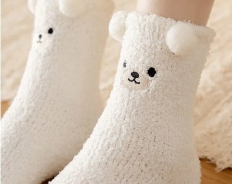 Bear with Ears Fuzzy Socks, Kawaii Korean Cute Socks, Cherry Socks, Women's Long Socks, Women's Crew Socks, Women's Bear Calf Socks