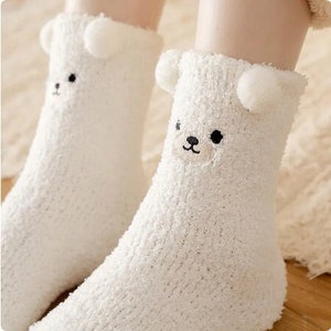 Bear with Ears Fuzzy Socks, Kawaii Korean Cute Socks, Cherry Socks, Women's Long Socks, Women's Crew Socks, Women's Bear Calf Socks