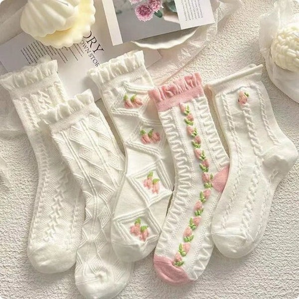 Pastel Pink Coquette Socks, Ruffle Floral White Socks, Korean Crew Socks, Women's Long Socks, Women's Ruffly Socks, Rose Tulip Socks