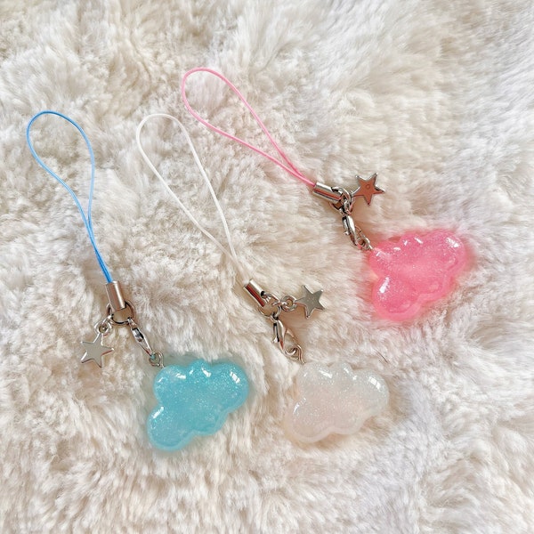 Kawaii Resin Starry Glitter Clouds With Star Phone Charm, Cloud keychain , cute cloudy keyring, Cloud Purse Accessory